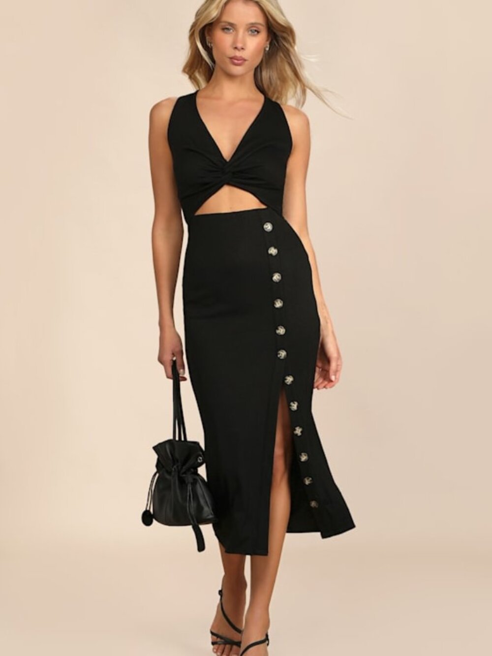 Lulus Trend Seeker Black Ribbed Twist-front Cutout Midi Dress - Size S - Picture 1 of 1
